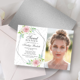 Chic Silberfolie Floral Foto Sweet 16 Geburtstag Einladung