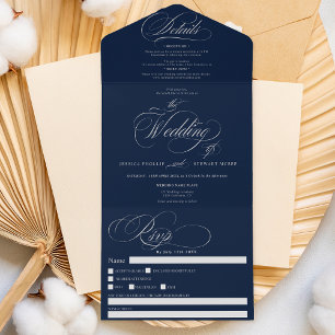 Chic silberne elegante Drehbuch Marine blaue Hochz All In One Einladung