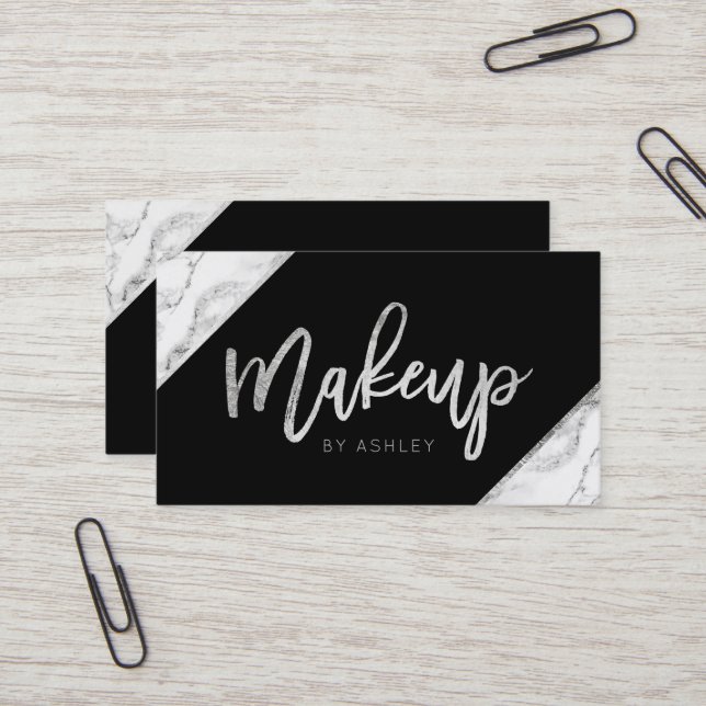 Chic silberne, weiße Marmorschrift Make-up Typogra Visitenkarte (Vorderseite/Rückseite Beispiel)