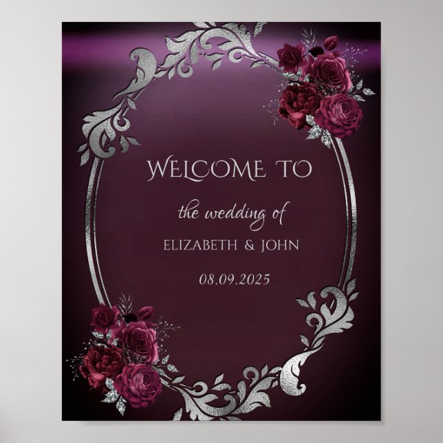 Chic silberner Rahmen burgunderrote Rosen Poster (Vorne)