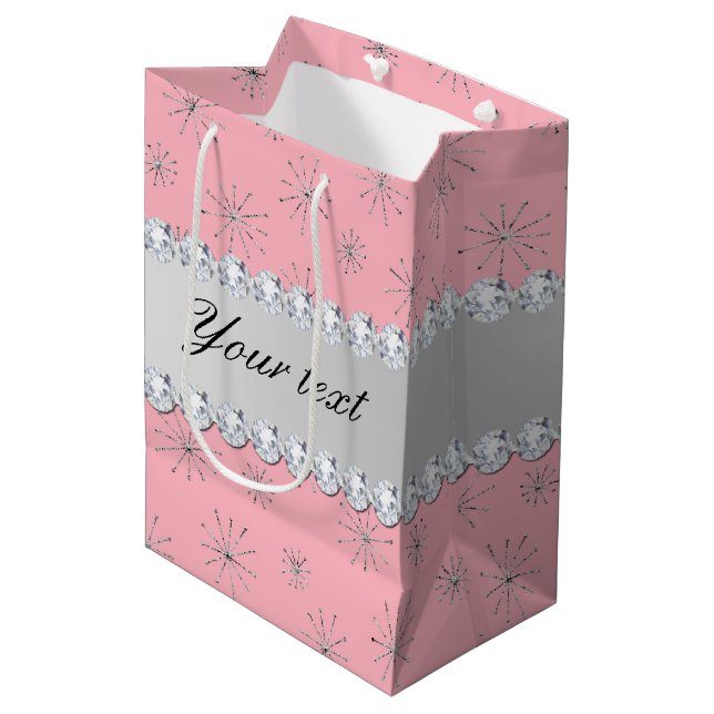 Chic-silbernes Glitzer-Schneeflocke-Rosa Mittlere Geschenktüte (Vorderseite Schrägansicht)