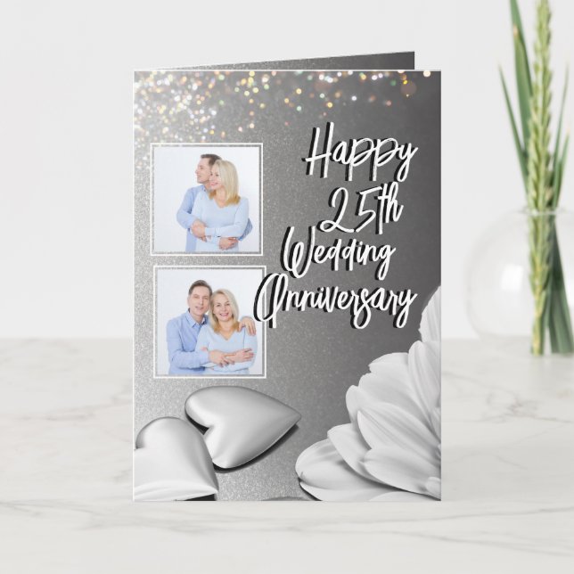 Chic Silver 4 Fotos 25. Hochzeitstag Karte (Vorderseite)