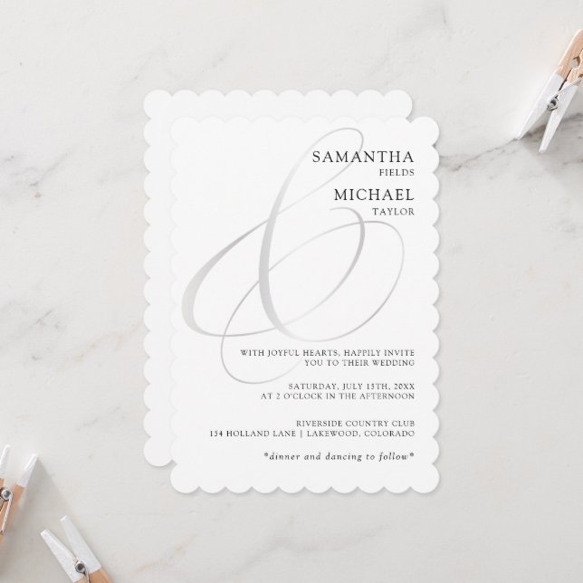 Chic Silver Ampersand Minimalistische Hochzeit Einladung (Vorderseite/Rückseite Beispiel)