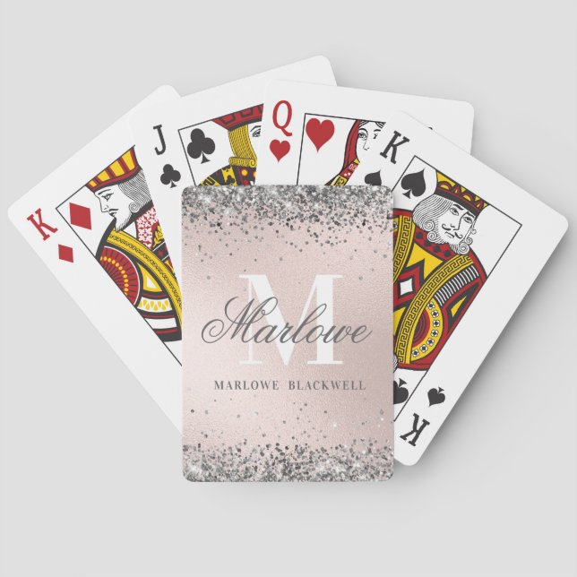 Chic Silver and Blush Pink Monogram Glitzer Spielkarten (Rückseite)