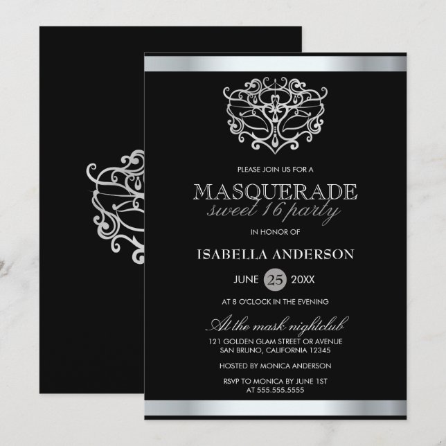 Chic Silver & Black Typografie Masquerade Sweet 16 Einladung (Vorne/Hinten)