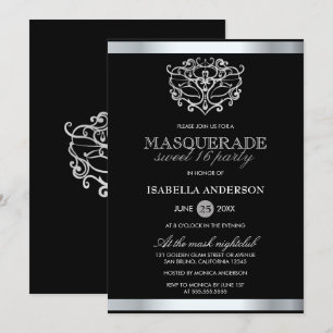 Chic Silver & Black Typografie Masquerade Sweet 16 Einladung