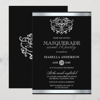 Chic Silver & Black Typografie Masquerade Sweet 16 Einladung
