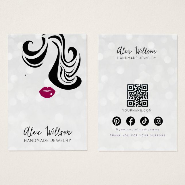 Chic Silver Bokeh Wavy Hair Jewelry Display Card  (Vorne & Hinten)