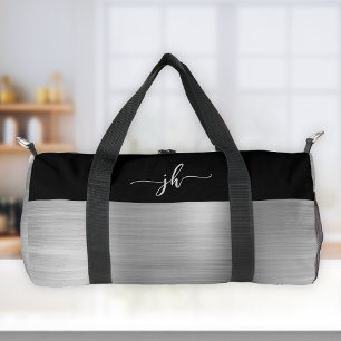 Chic Silver Brushed Metal Black Script Monogram Duffle Bag