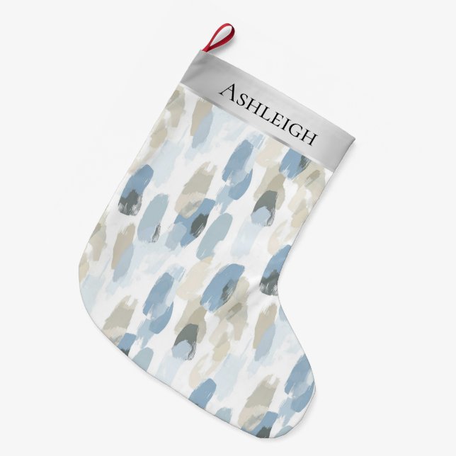 Chic Silver Cream Blau Abstrakte Weihnachten Großer Weihnachtsstrumpf (Vorderansicht (hängend))
