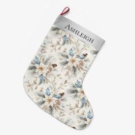 Chic Silver Cream Blue White Floral Weihnachten Großer Weihnachtsstrumpf