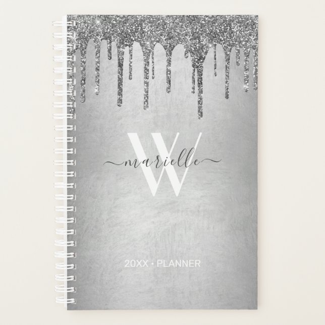 Chic Silver Dripping Glitzer Monogram Name 2022 Planer (Vorderseite)