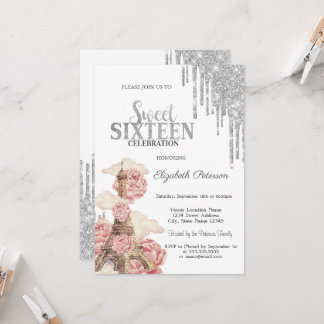 Chic Silver Drips,Eiffel Tower Peonies Sweet 16 Einladung