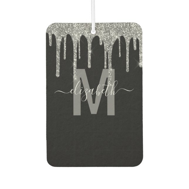 Chic Silver Drivers Glitzer Monogram Name Autolufterfrischer (Vorderseite)