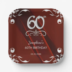 Chic Silver Floral Frame Burgundy 60. Geburtstag Pappteller