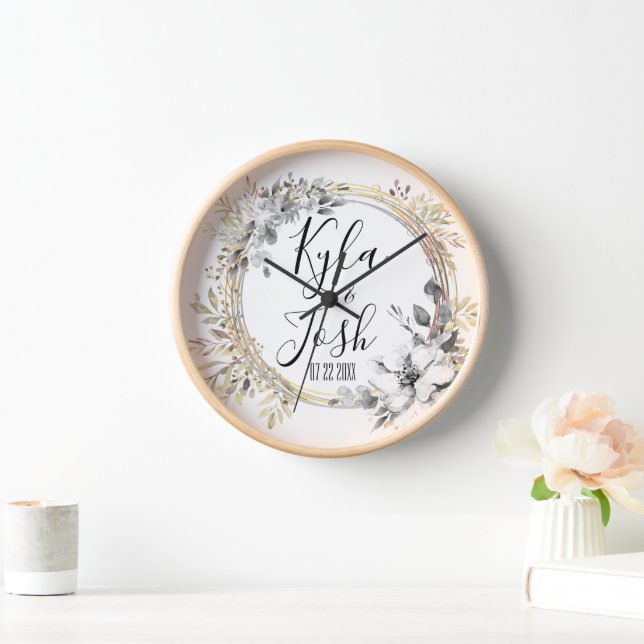 Chic Silver Floral Wreath Wedding Personalisiert Uhr (Zuhause)
