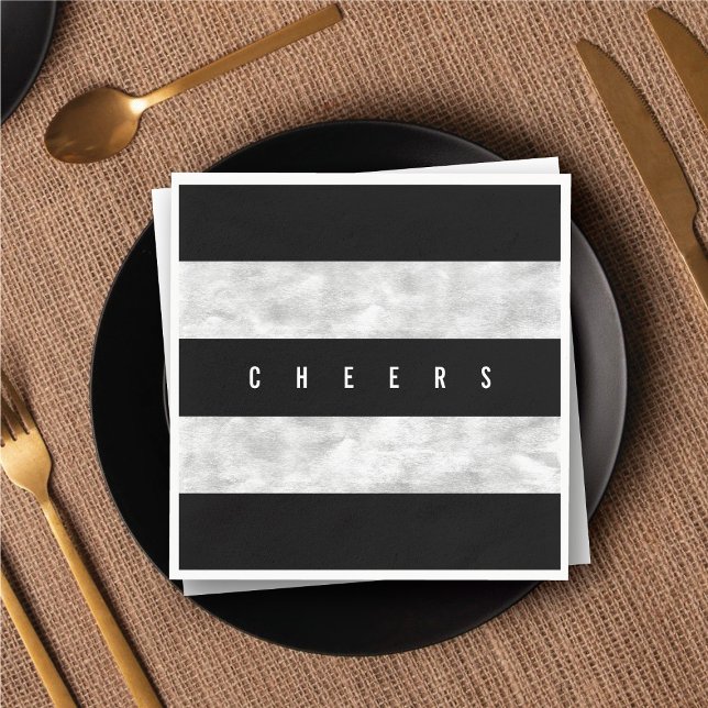 Chic Silver Foil Black Stripe Feiertag Party Serviette (Cheers Chic Silver Foil Black Stripe Holiday Party Paper Napkins @ fat_fa_tin)