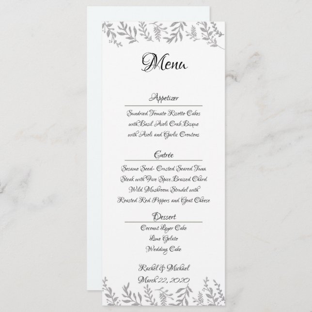 Chic Silver Foil Blätter Empfang Menu Card Einladung (Vorne/Hinten)
