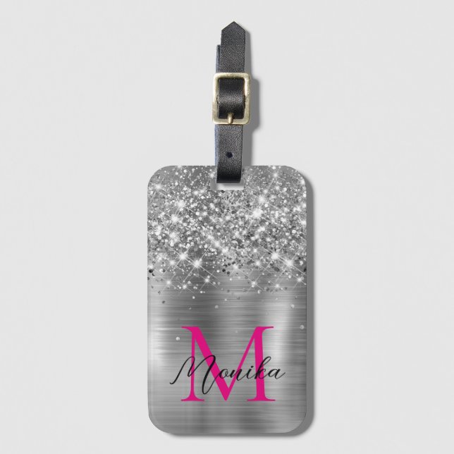 Chic Silver Foil Faux Glitter Hot Pink Monogram Gepäckanhänger (Vorderseite Vertikal)