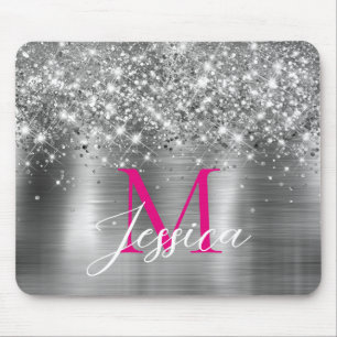 Chic Silver Foil Faux Glitter Hot Pink Monogram Mousepad