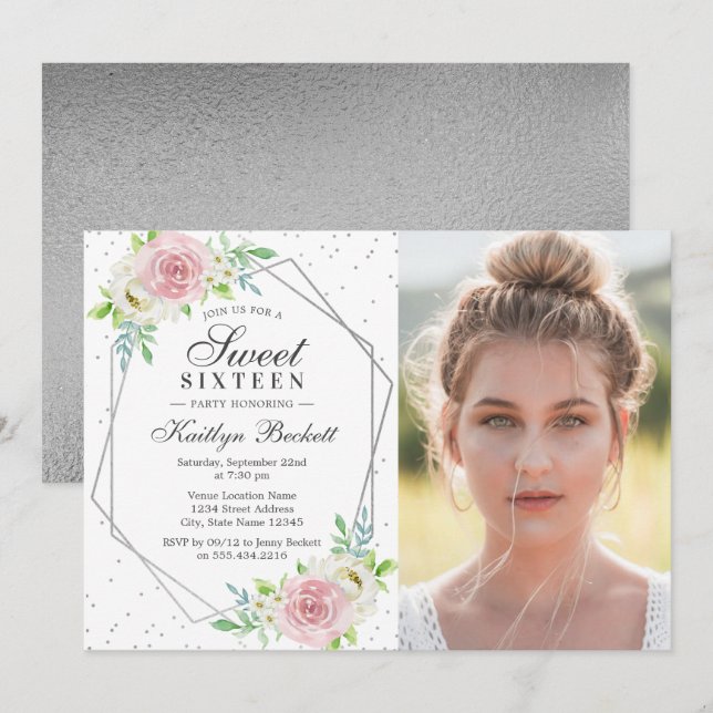 Chic Silver Foil Floral Foto Sweet 16 Birthday Einladung (Vorne/Hinten)