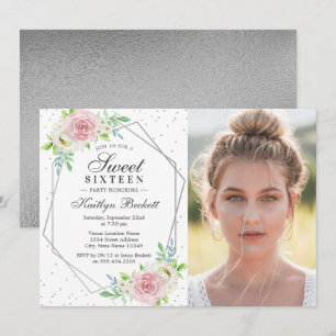 Chic Silver Foil Floral Foto Sweet 16 Birthday Einladung