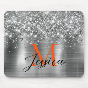 Chic Silver Foil Imitate Glitzer Orange Monogram Mousepad