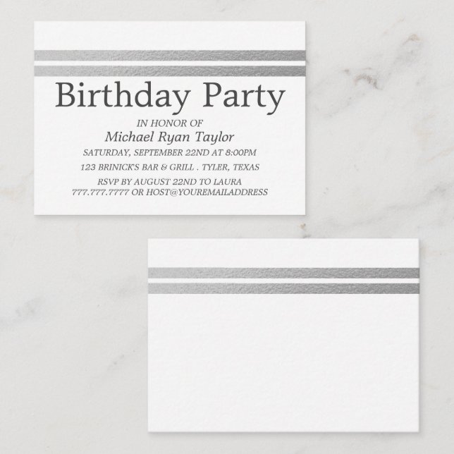 Chic Silver Foil Stripes Birthday Party Ticket (Vorne/Hinten)