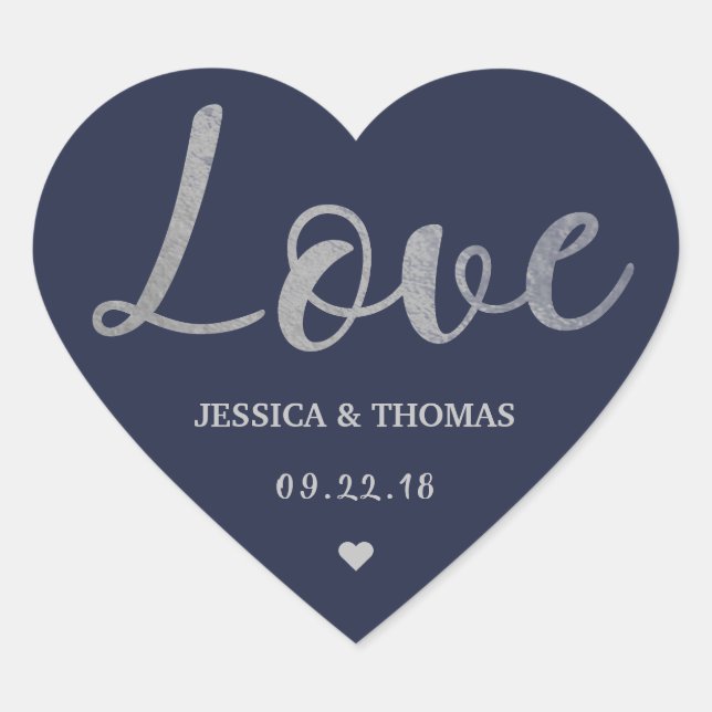 Chic Silver Foil Typografy Script Liebe Wedding Herz-Aufkleber (Vorderseite)