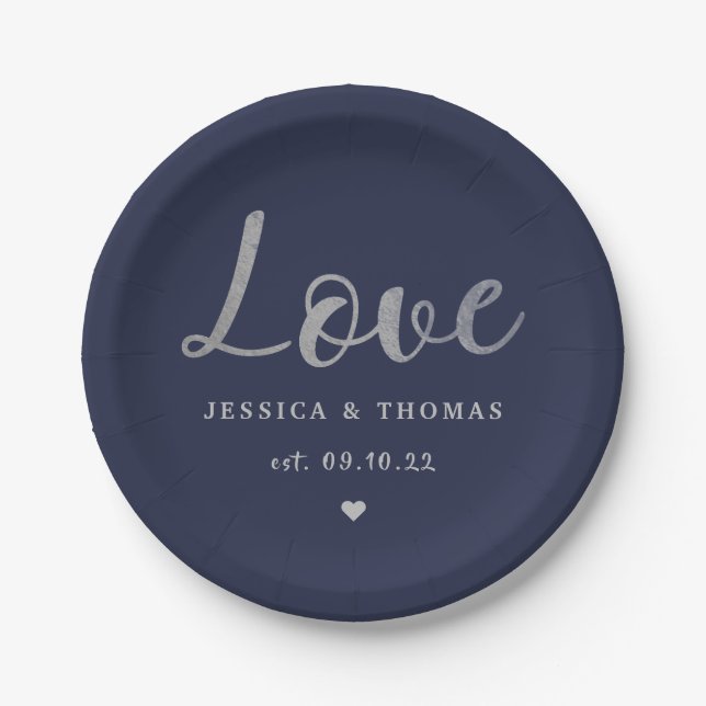 Chic Silver Foil Typografy Script Liebe Wedding Pappteller (Vorderseite)