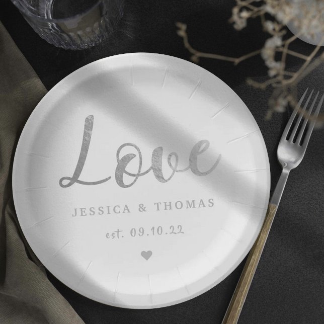 Chic Silver Foil Typografy Script Liebe Wedding Pappteller (Von Creator hochgeladen)