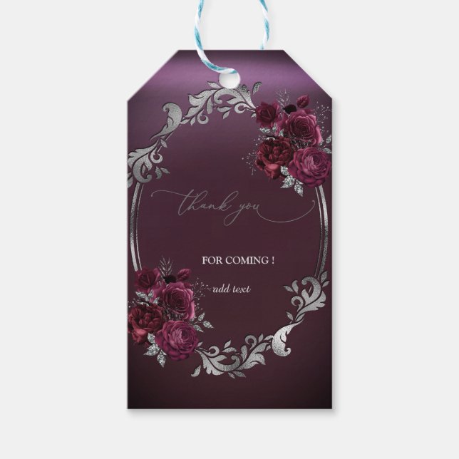 Chic Silver Frame Burgundy Rose Hochzeit Geschenkanhänger (Vorderseite)