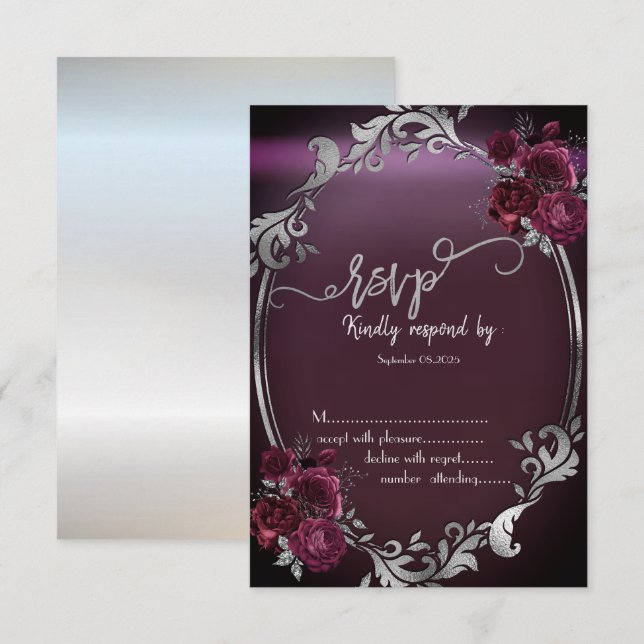 Chic Silver Frame Burgundy Rose UAWG Einladung (Vorne/Hinten)