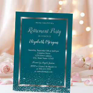 Chic Silver Frame Confetti Green Retirement Einladung