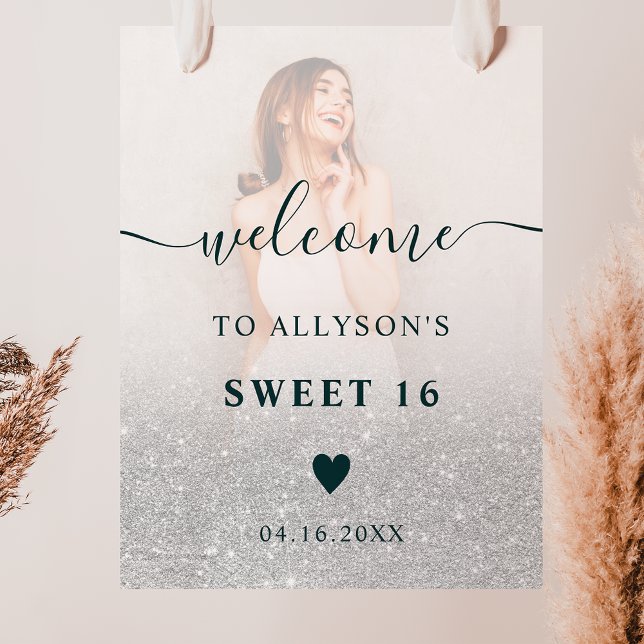 Chic silver glitter ombre photo Sweet 16 welcome Poster (Von Creator hochgeladen)