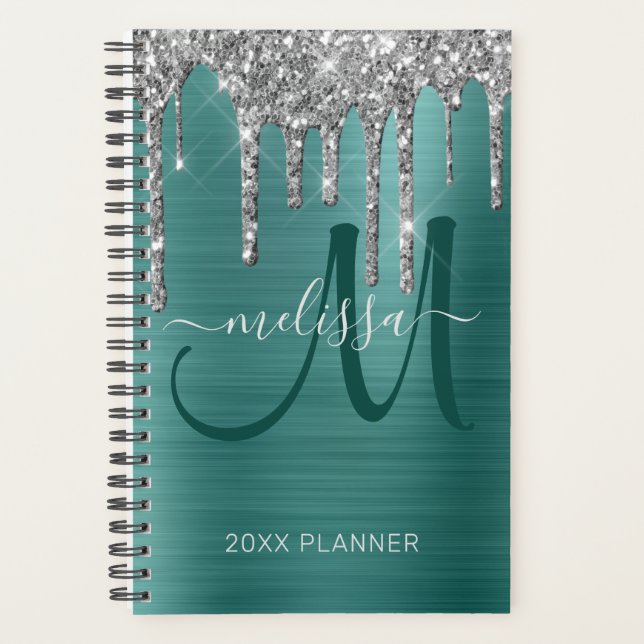 Chic Silver Glitzer Aquamarin Brushed Metal 2023 Planer (Vorderseite)