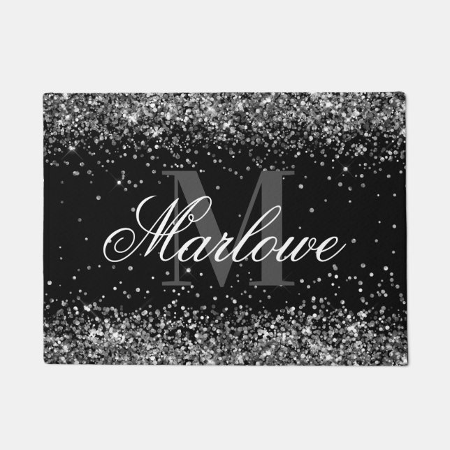 Chic Silver Glitzer Black and White Monogram Fußmatte (Vorderseite)
