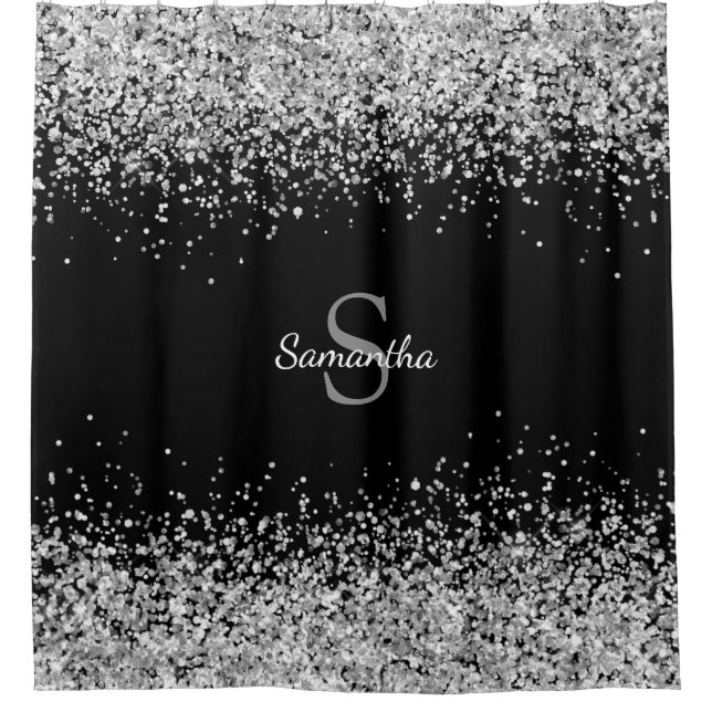 Chic Silver Glitzer Confetti Monogram Black Duschvorhang (Vorderseite)