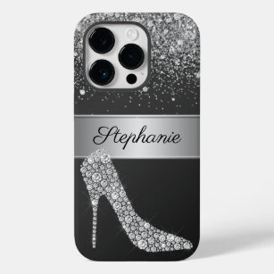 Chic Silver Glitzer Diamond High Heel Shoe Name Case-Mate iPhone 14 Pro Hülle