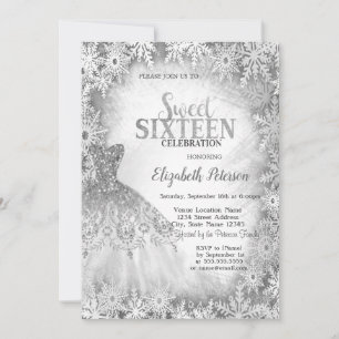 Chic Silver Glitzer Dress Snowflakes Sweet 16 Einladung