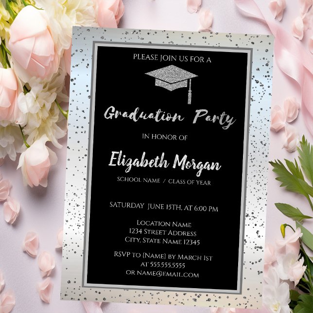 Chic Silver Glitzer Graduation Cap, Confetti Einladung (Von Creator hochgeladen)