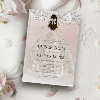 Chic Silver Glitzer Princess Dress Quinceanera Einladung