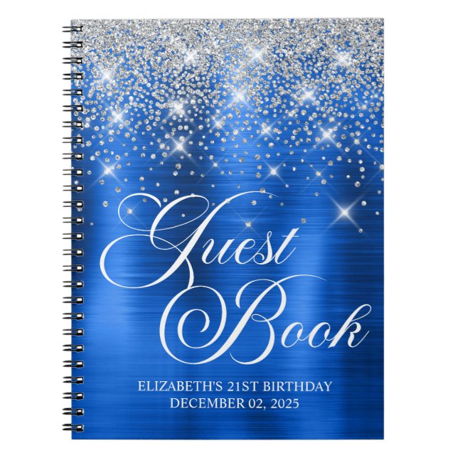 Chic Silver Glitzer Royal Blue 21st Bday Gästebuch Notizblock (Vorderseite)