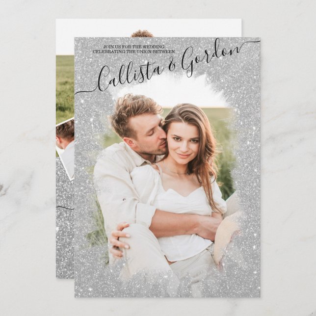 Chic Silver Glitzer Script Foto Collage Wedding Einladung (Vorne/Hinten)