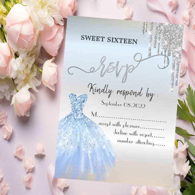Chic Silver Glitzer Tropfen Blue Dress Sweet 16 UA Einladung (Von Creator hochgeladen)