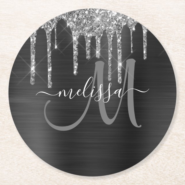Chic Silver Glitzer Tropfen Brushed Metallic Name Runder Pappuntersetzer (Vorderseite)