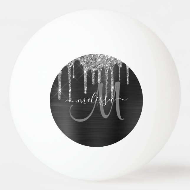Chic Silver Glitzer Tropfen Brushed Metallic Name Tischtennisball (Vorderseite)