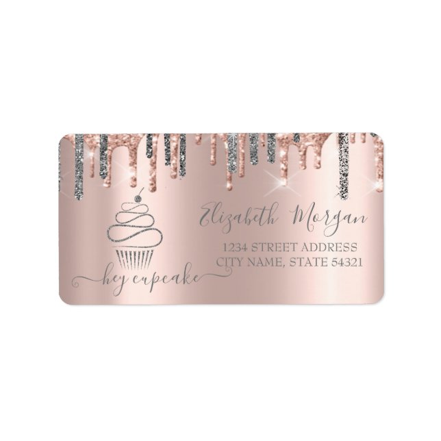 Chic Silver Glitzer Tropfen Cupcake Rose Gold Adressaufkleber (Vorne)
