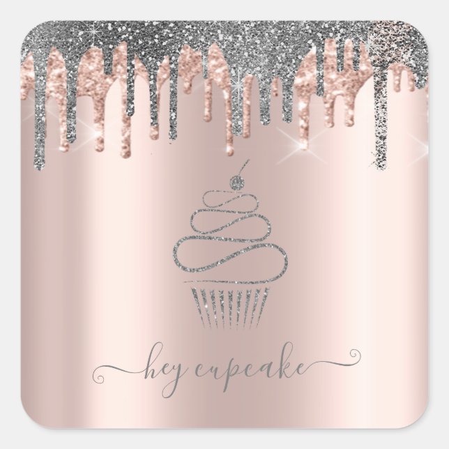 Chic Silver Glitzer Tropfen Cupcake Rose Gold Quadratischer Aufkleber (Vorderseite)