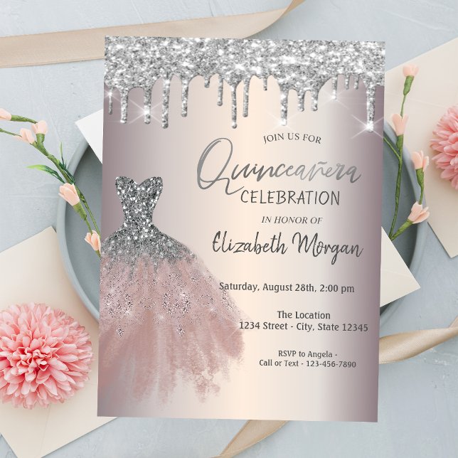 Chic Silver Glitzer Tropfen, Dress Quinceañera Einladung (Von Creator hochgeladen)